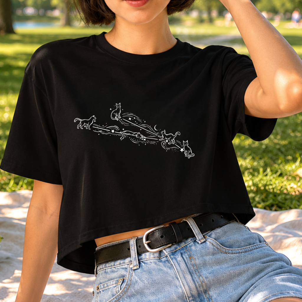 Aries Constellation Cat Crop Top in Black – Cozy Zodiac Moon & Stars Baby Tee