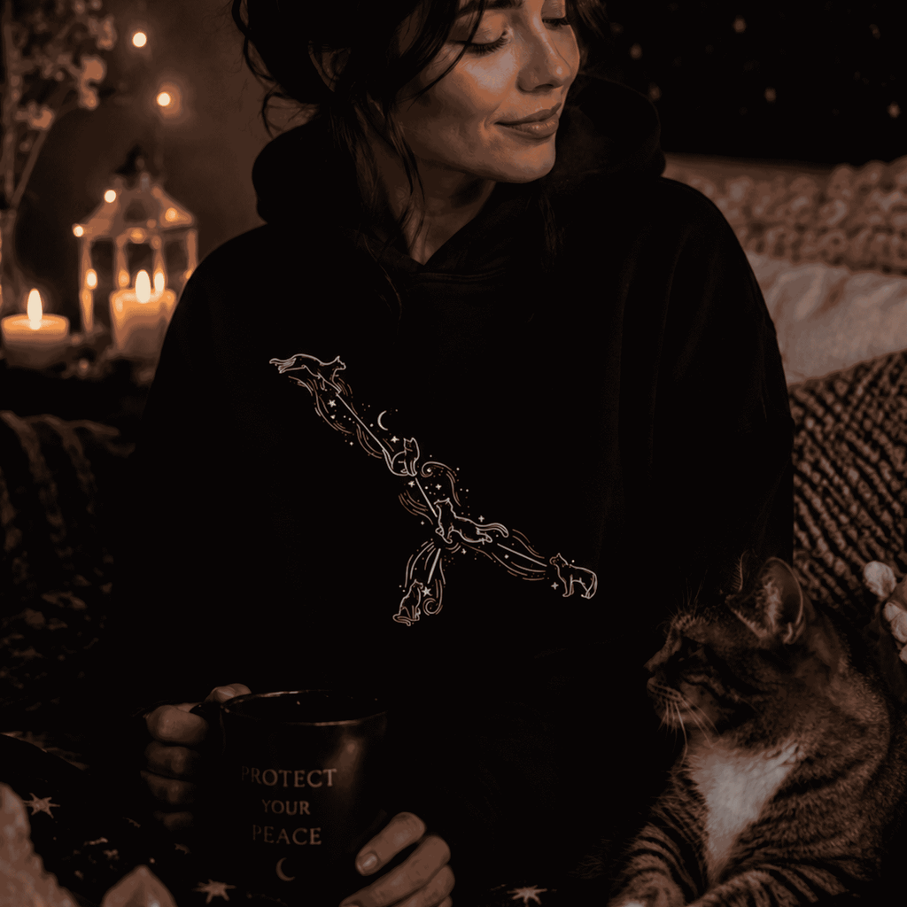 Cancer Constellation Cat Hoodie – Cozy Zodiac Moon & Stars Sweatshirt