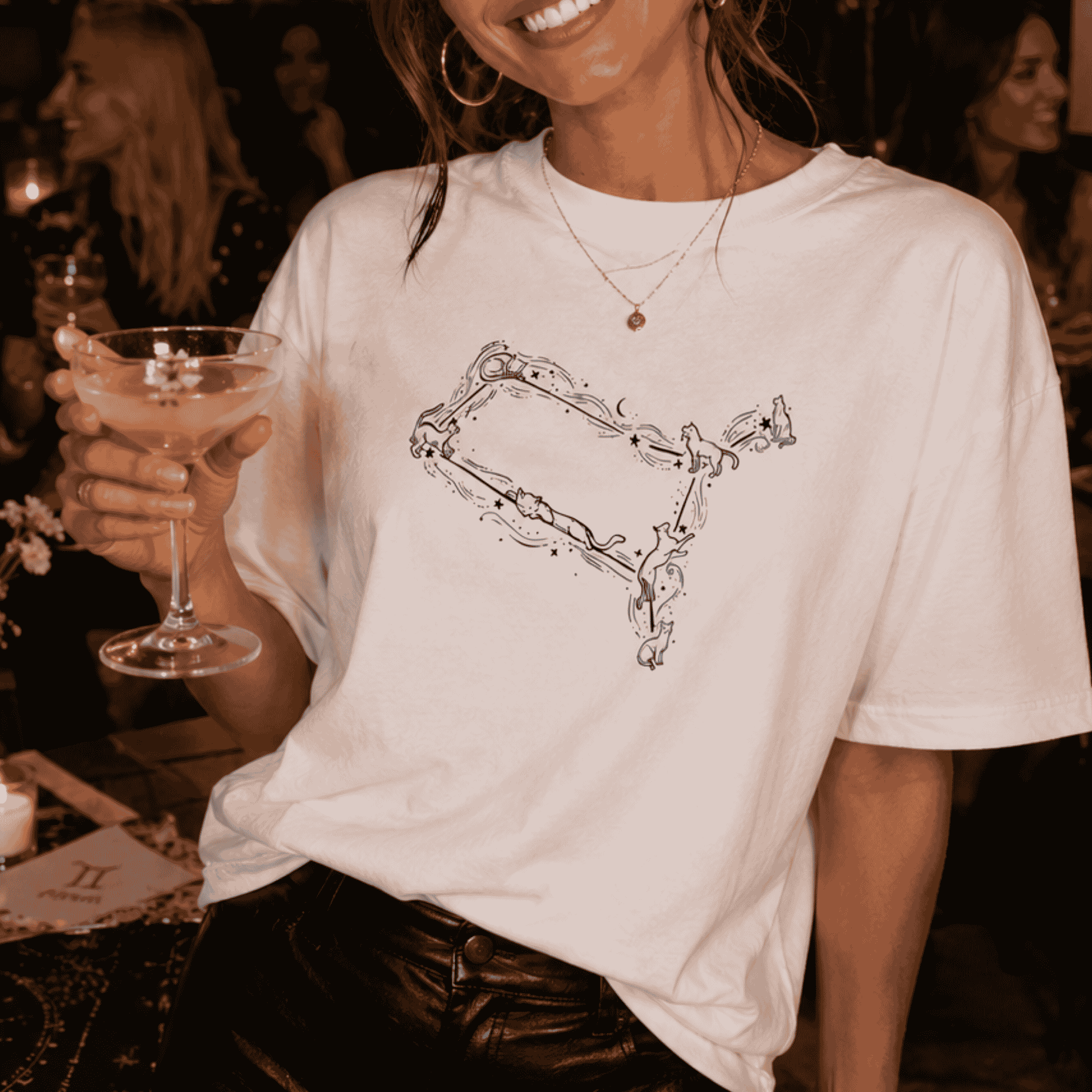 Gemini Constellation Cat Oversized White Top – Cozy Zodiac Moon & Stars Tee
