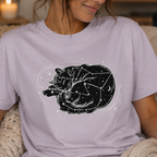 Organic Cotton Cosmic Sleeping Cat Moon & Stars Bold Black and White Line Print Celestial Top
