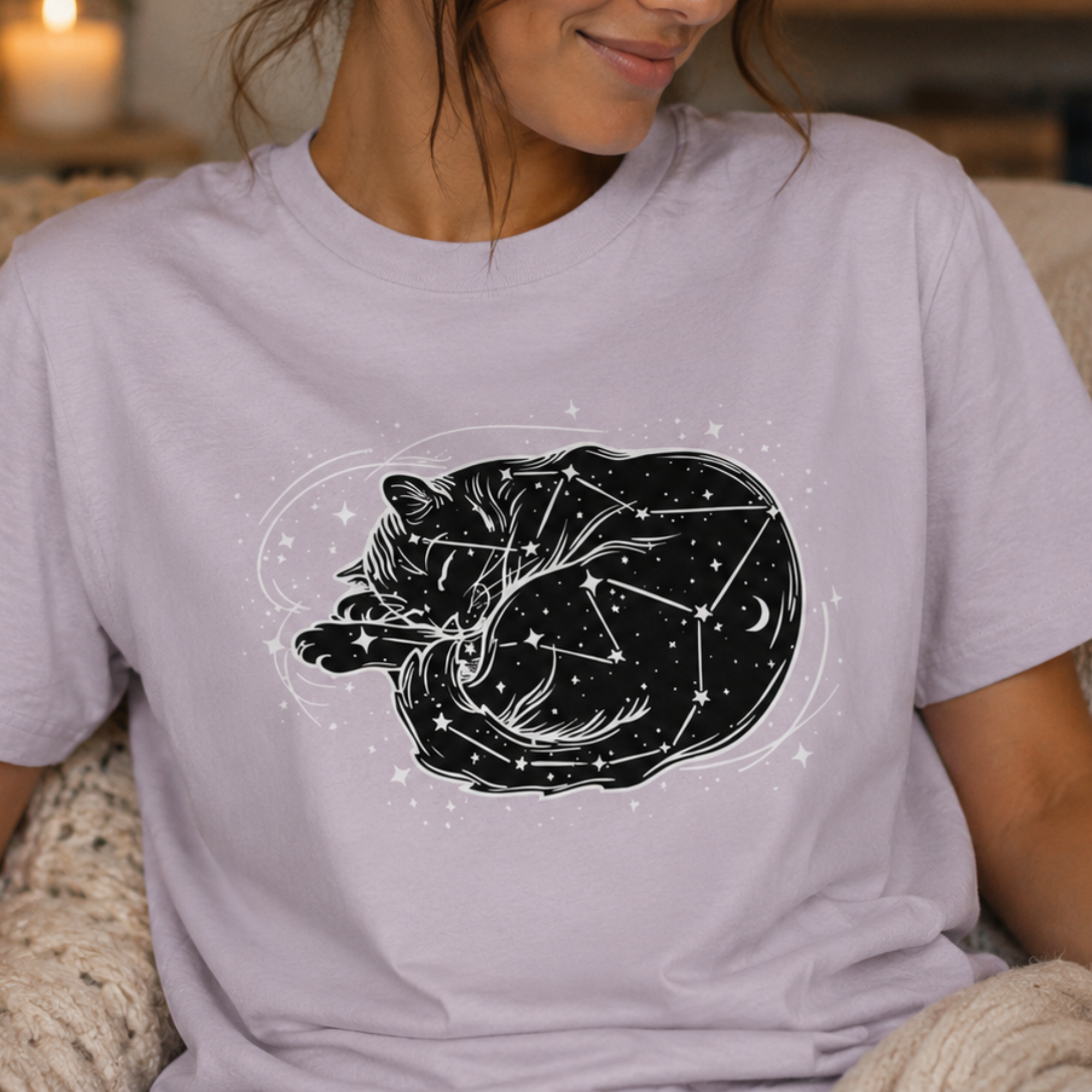 Organic Cotton Cosmic Sleeping Cat Moon & Stars Bold Black and White Line Print Celestial Top