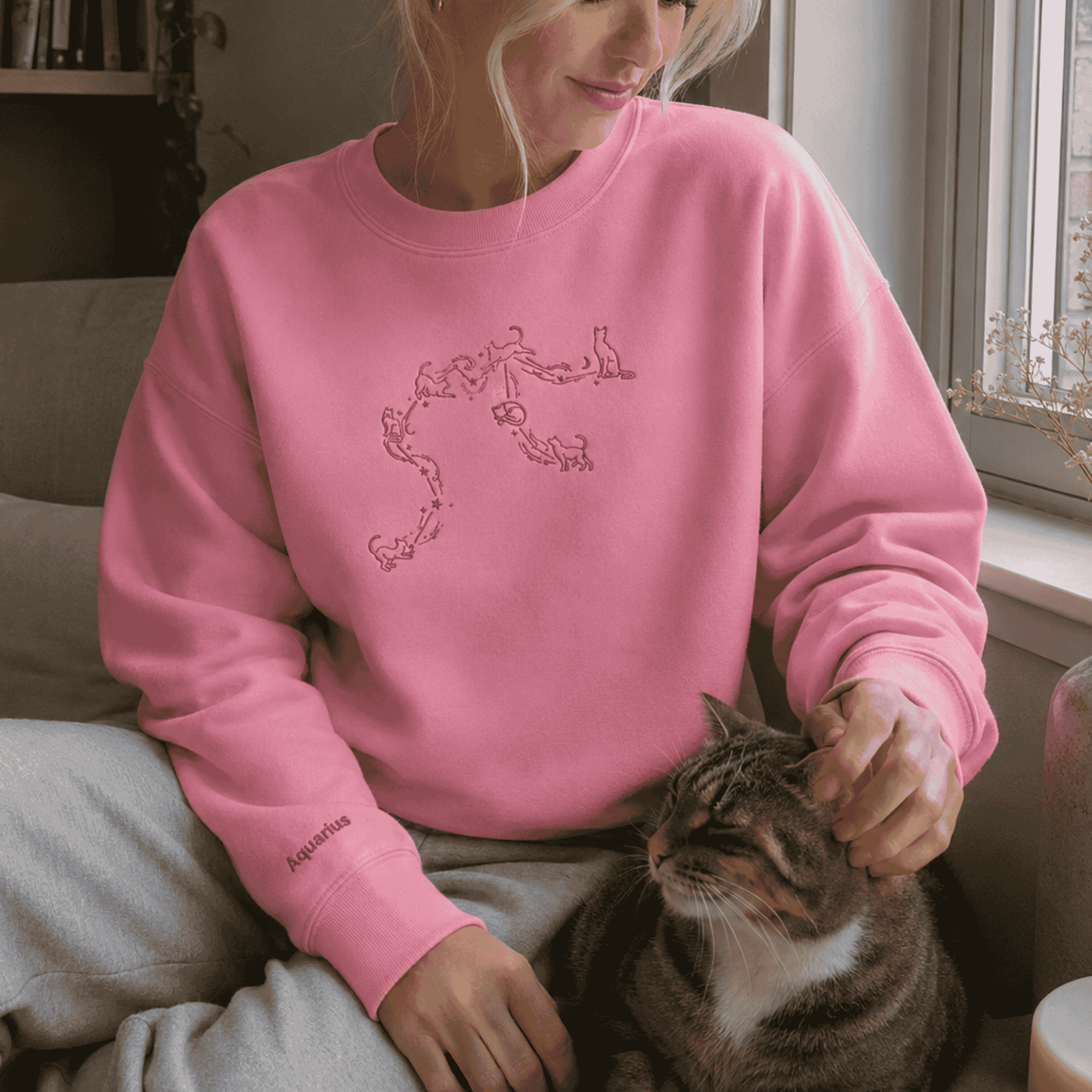 Pink Aquarius Cat Sweatshirt Crew Neck