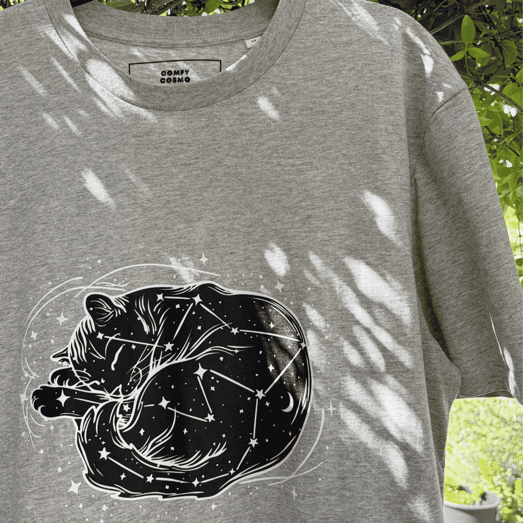 Organic Cotton Cosmic Sleeping Cat Moon & Stars Bold Black and White Line Print Celestial Top