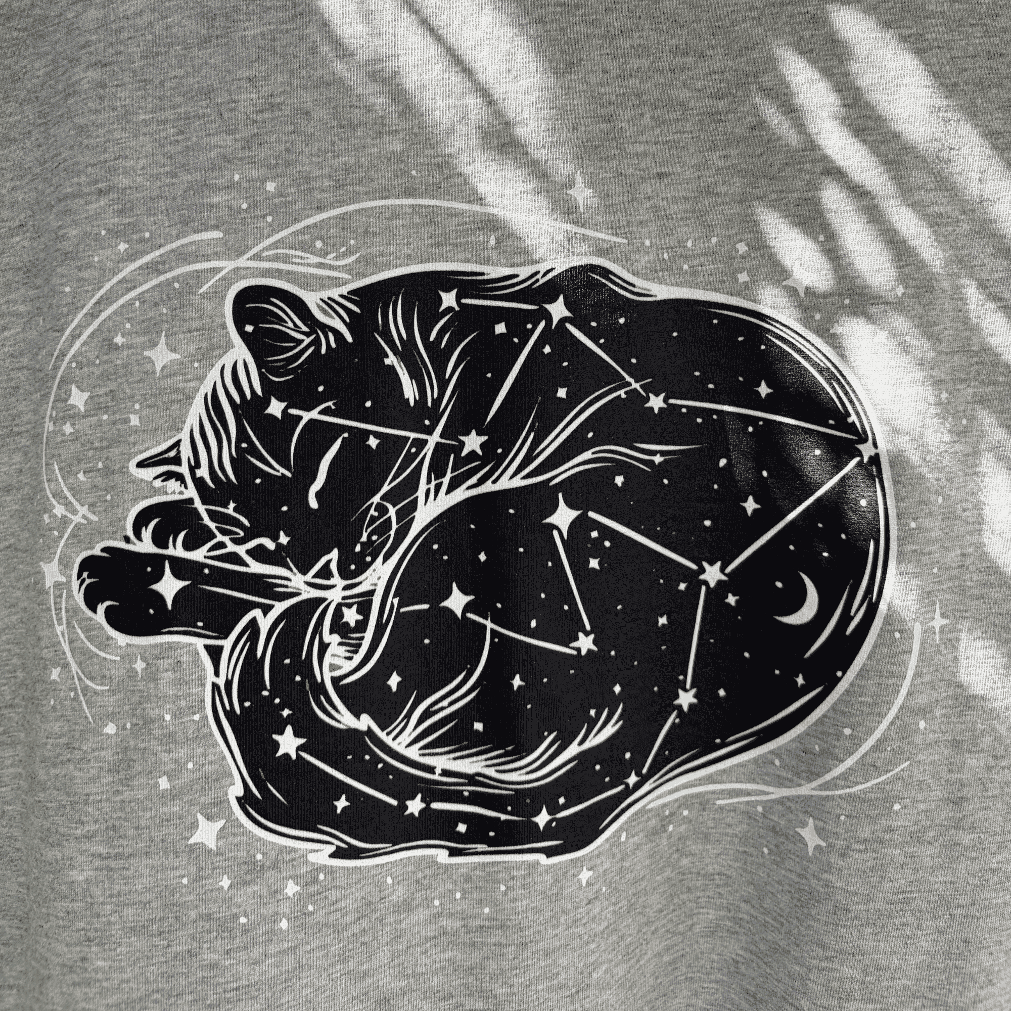 Organic Cotton Cosmic Sleeping Cat Moon & Stars Bold Black and White Line Print Celestial Top