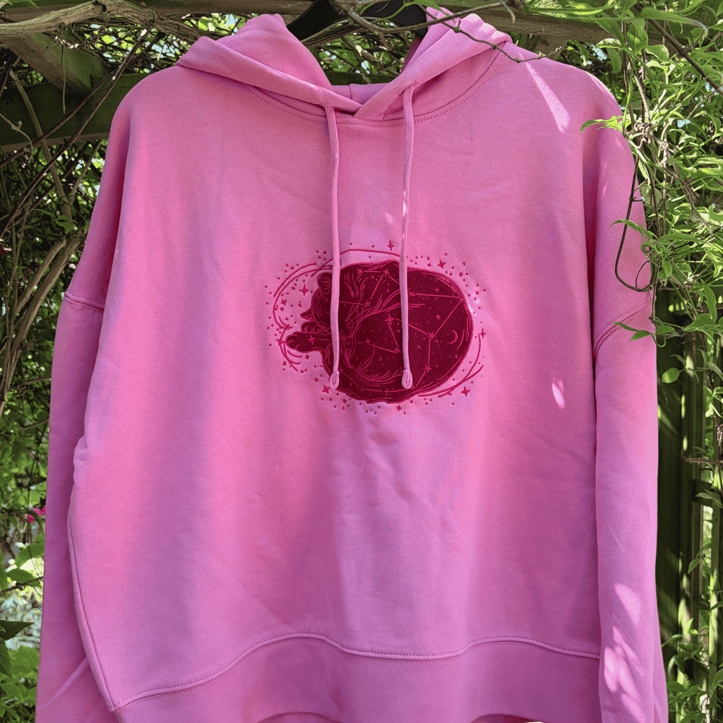 Pink Cat Celestial Moon and Stars Hoodie Embroidered