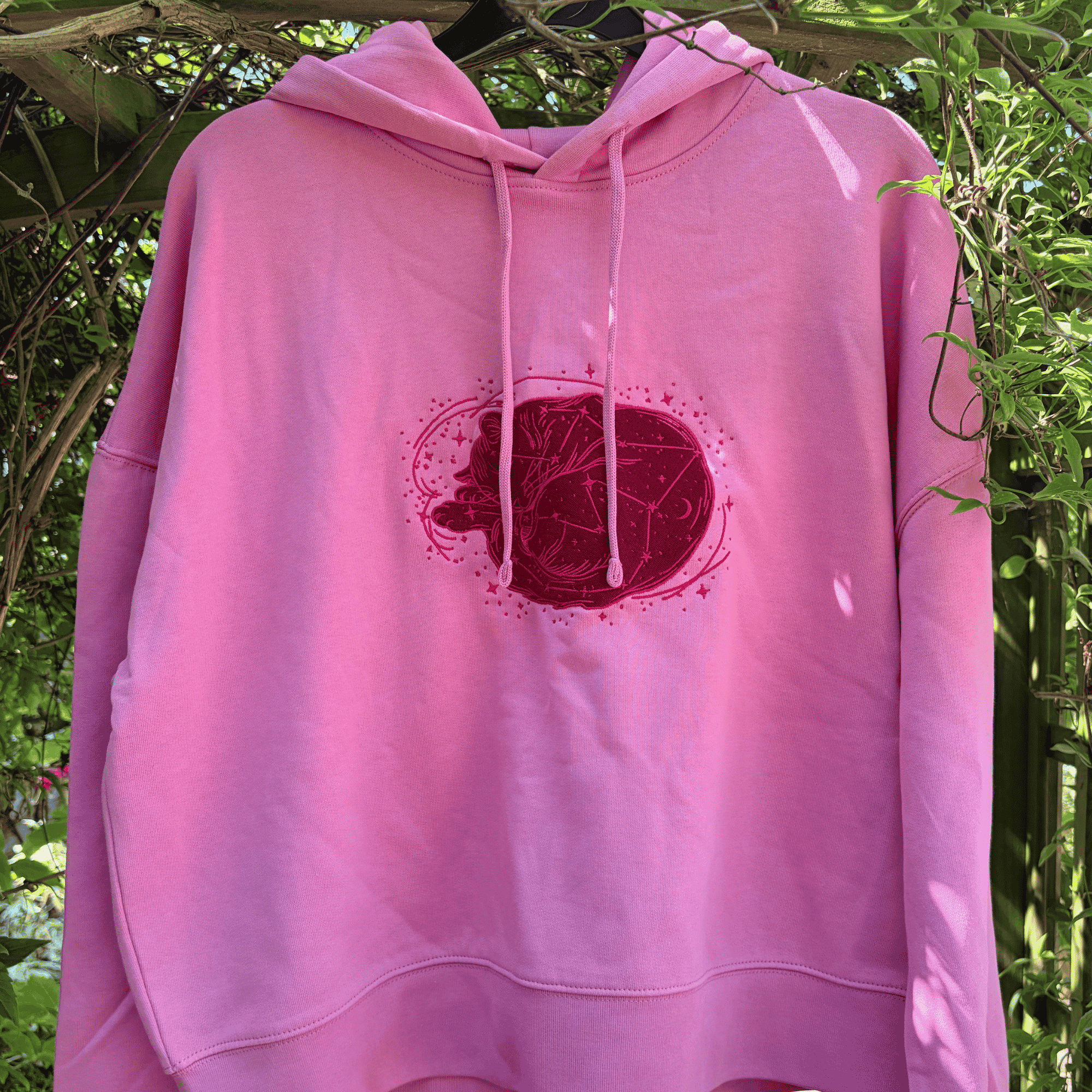 Pink Cat Celestial Moon and Stars Hoodie Embroidered
