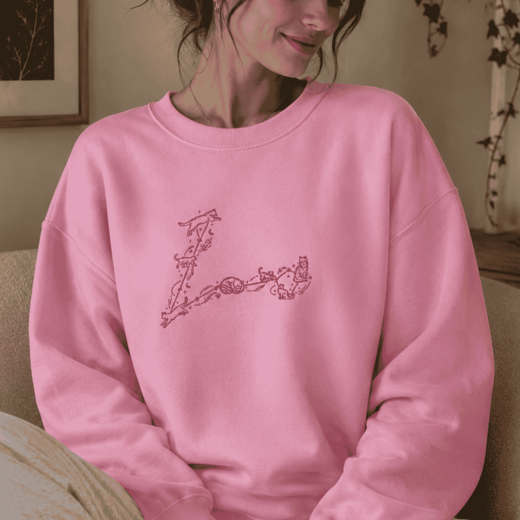 Pisces Constellation Cat Sweatshirt Crew Neck in Pink