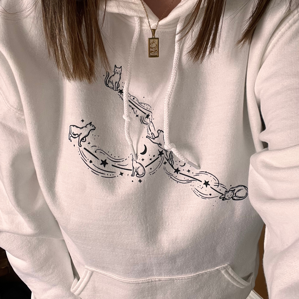 Taurus Constellation Cat Hoodie in White – Cozy Zodiac Moon & Stars Sweatshirt
